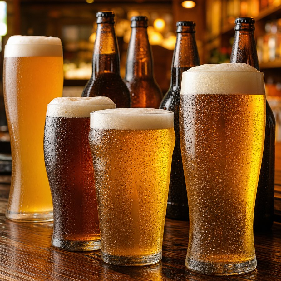 Chilled beer glasses and bottles on a pub bar.