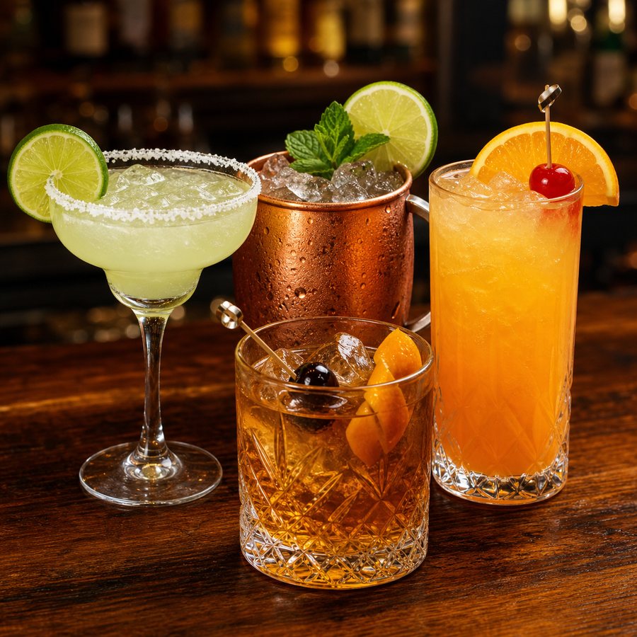 Colorful cocktails with fresh garnish on a pub bar.