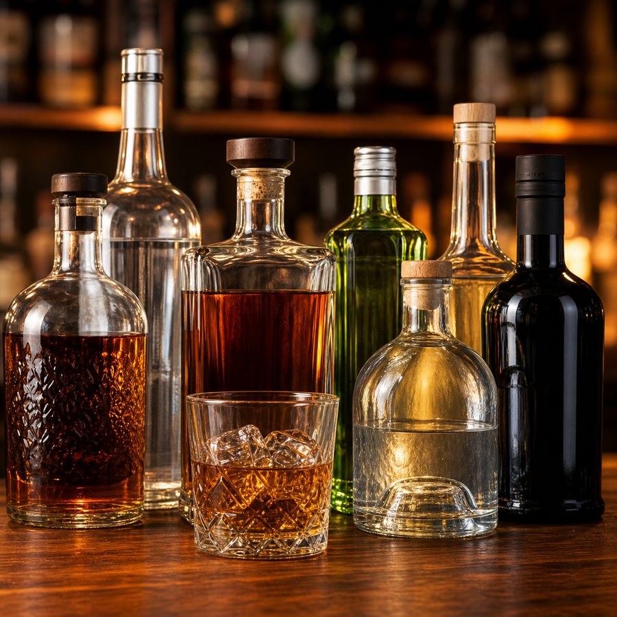 Liquor bottles and a rocks glass on a wooden bar.