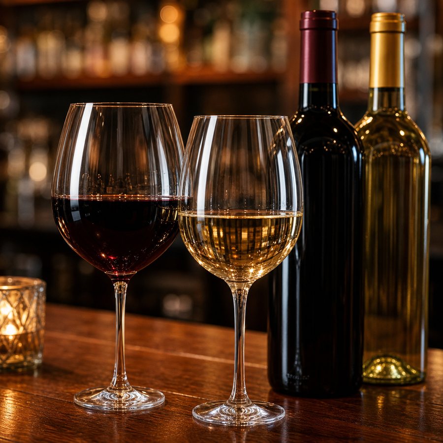 Red and white wine glasses on a pub bar.