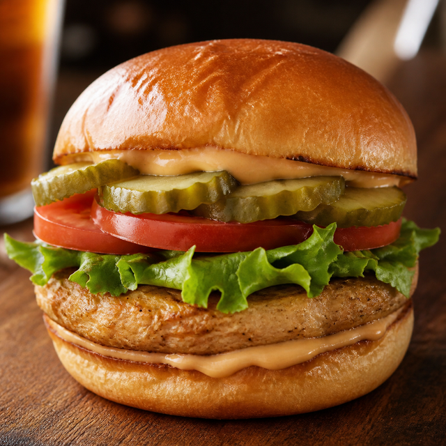 Burger with lettuce, tomato, and pickles.