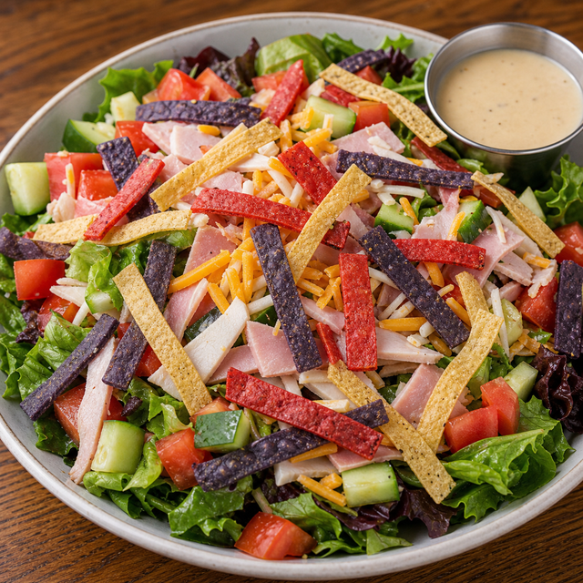 House salad with fresh vegetables and tri-colored tortilla strips.