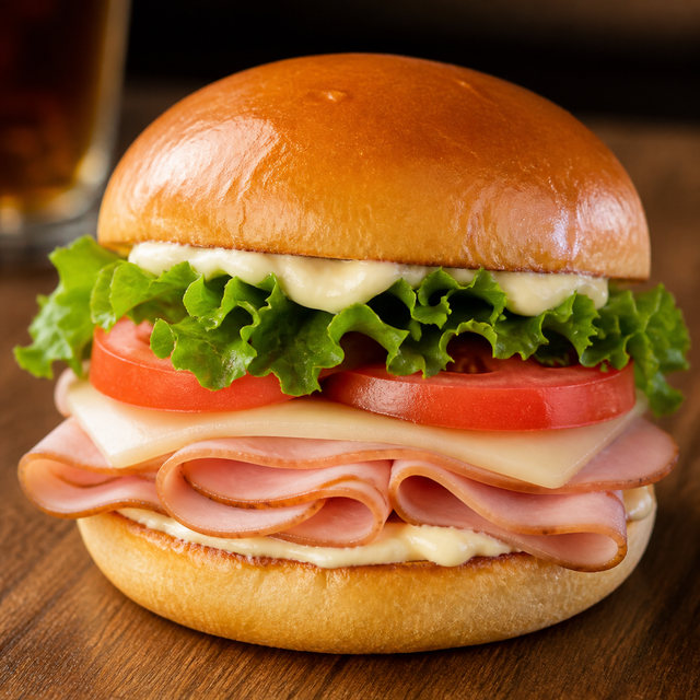 Ham or turkey sandwich on a hamburger bun with cheese, lettuce, and tomato.