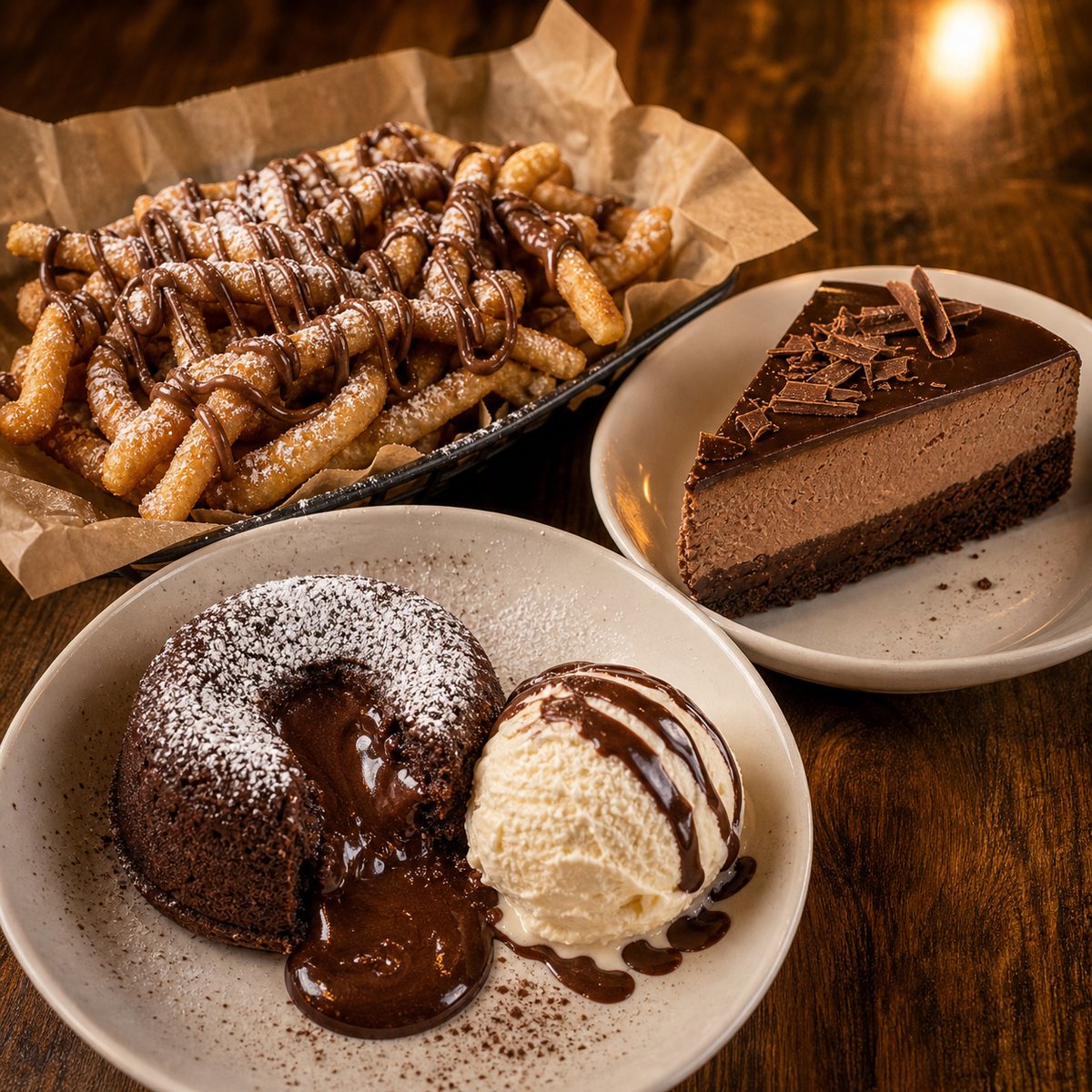 Desserts with funnel cake fries, chocolate mousse cake, and lava cake with ice cream.