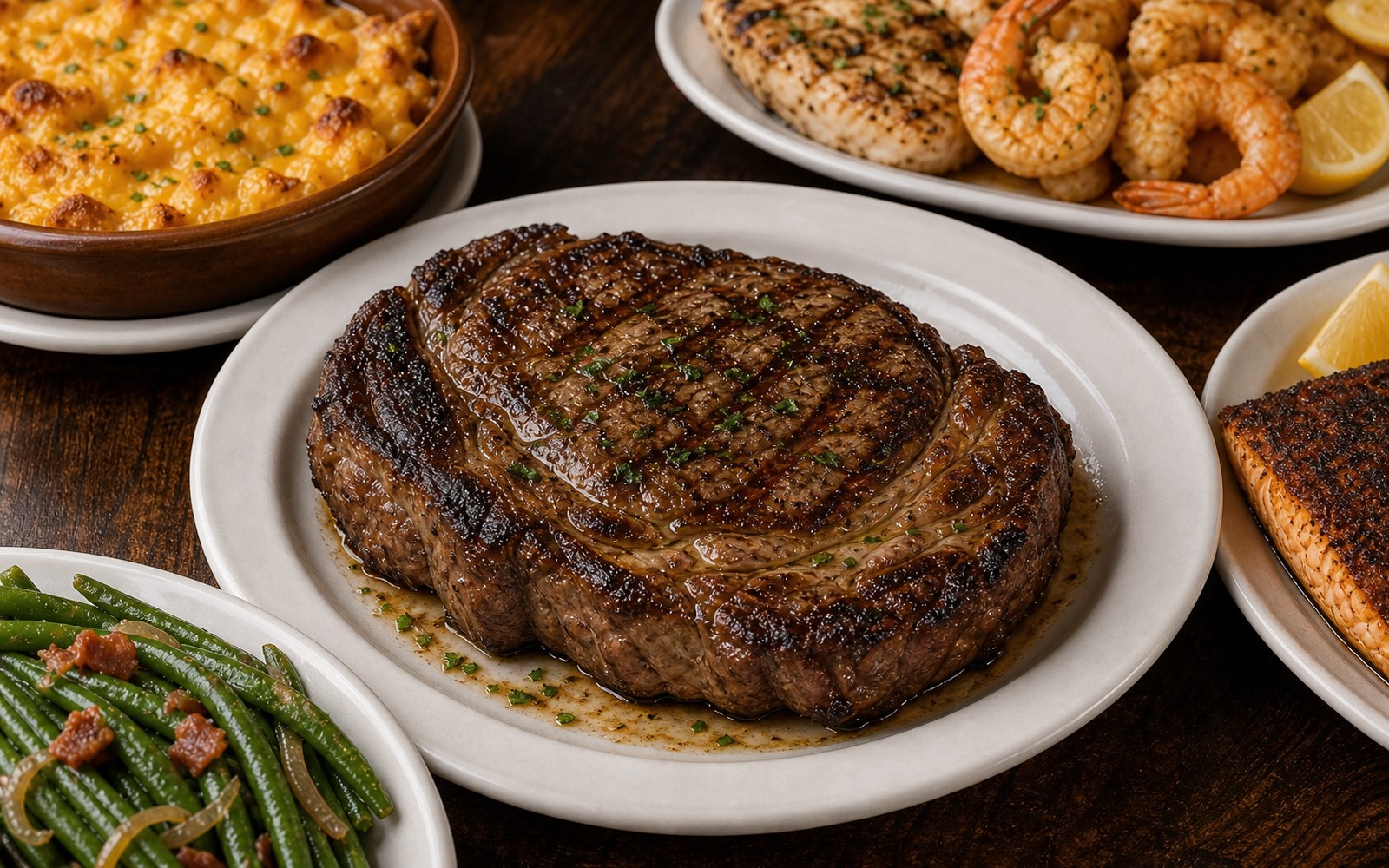 Pub entrees with a whole 12 oz ribeye, chicken, shrimp, salmon, green beans, and hashbrown casserole.