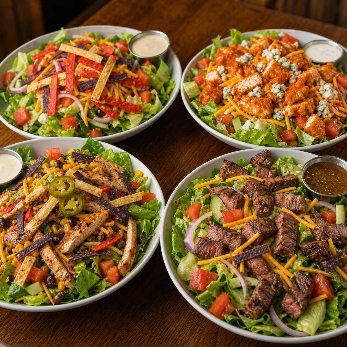 Pub salads with fresh vegetables, taco strips, chicken, and grilled steak.
