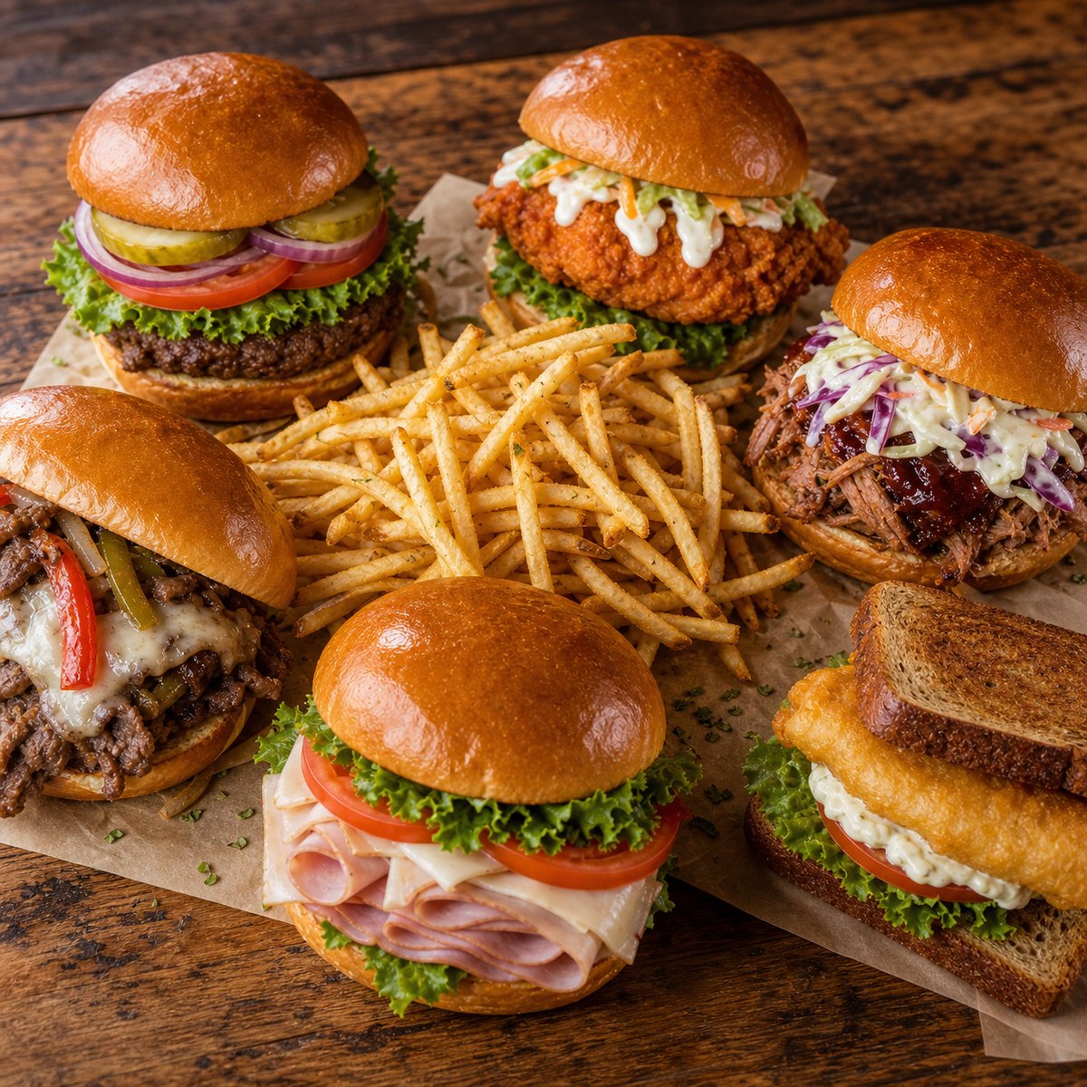 Pub sandwiches with burgers, chicken sandwiches, pulled pork, ham and turkey, and fries.