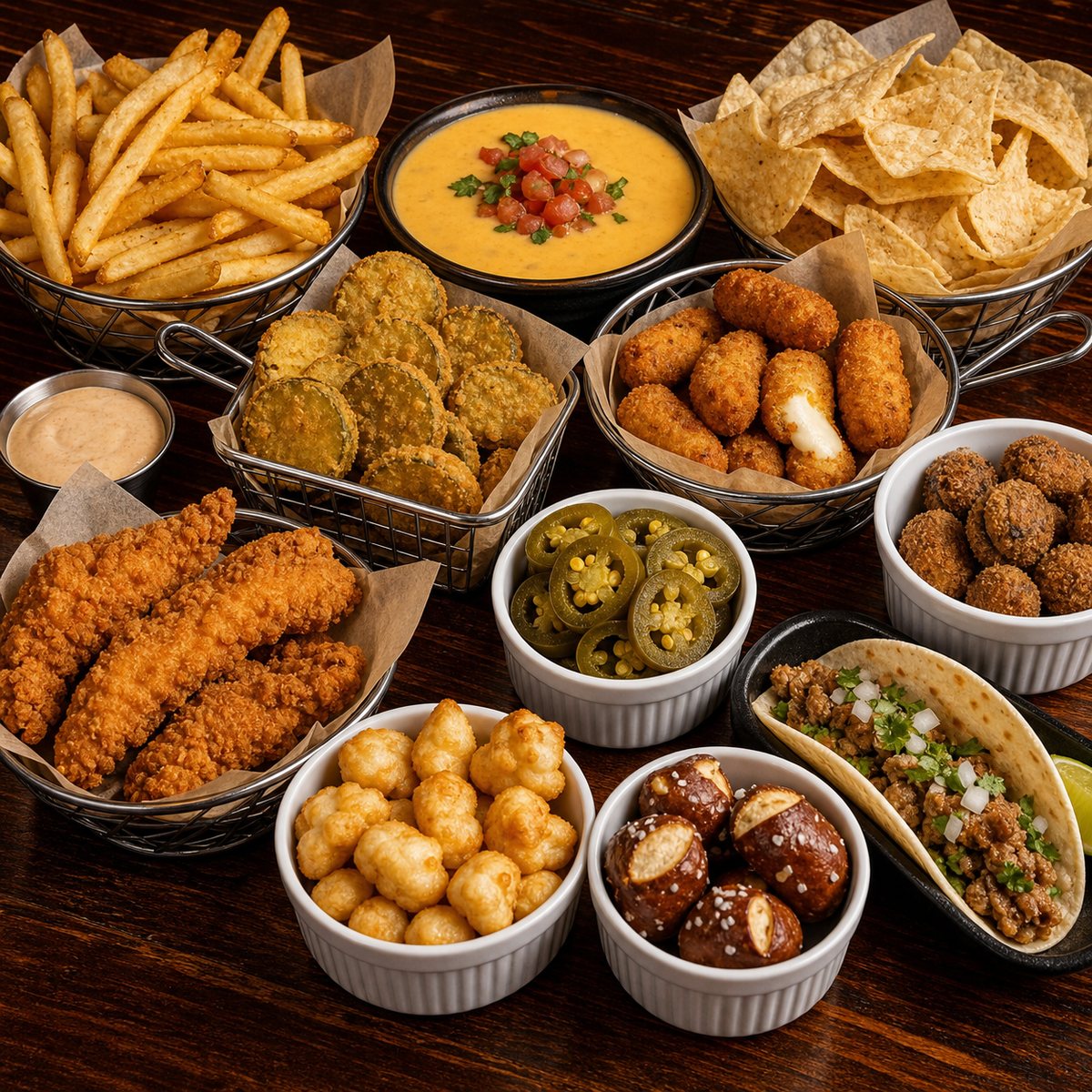 Pub sides with fries, queso, fried pickles, cheese curds, pretzel bites, and a street taco.