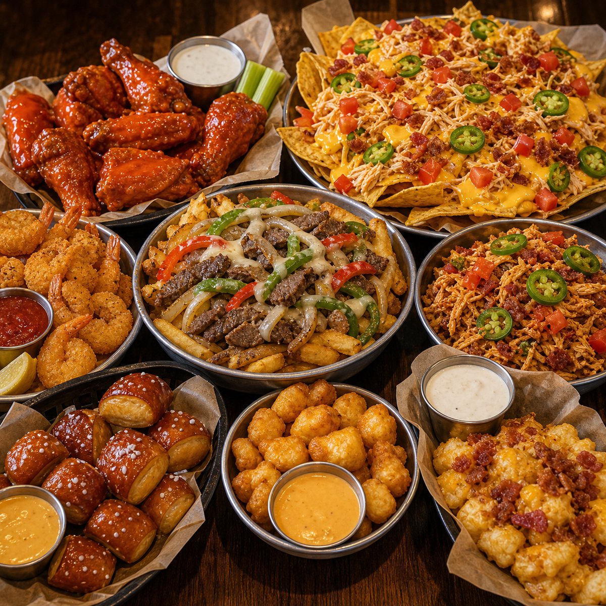 Pub starters with wings, loaded nachos, philly fries, shrimp, and dipping sauces.